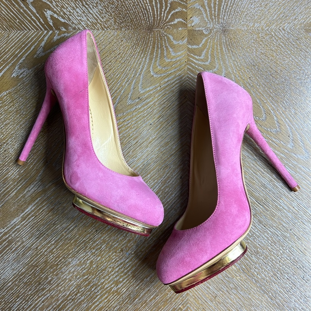 CHARLOTTE OLYMPIA Pink Suede Platform Dolly Heels 36 - Picture 2 of 14